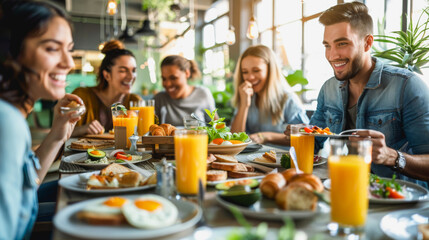 Group of young friends having fun together during brunch inside modern restaurant - Multiracial people eating and drinking healthy breakfast - Models by AI generative