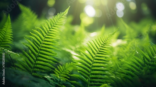 Sunlight filters through the forest canopy, casting dappled light upon lush green ferns, evoking a sense of growth and vitality