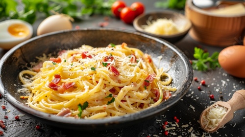 A bowl of pasta with bacon and parmesan cheese