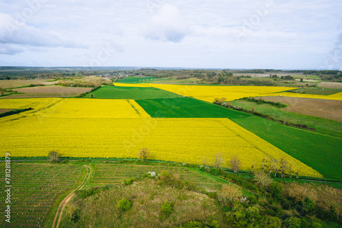 Photo aérienne par drone de champs en France incluant des champs de colza.  photo