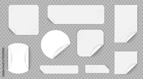 Set of round adhesive stickers with folded edges. Yellow paper sticker of different shapes with curled corners. Empty price tag templates. Mega savings, sale sticker set. Vector illustration