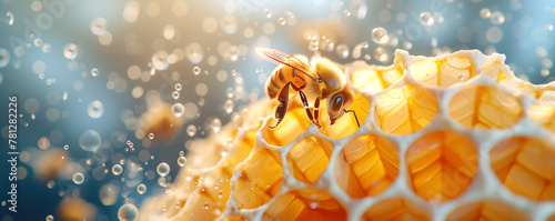 Abstract background with a bee filling with royal jelly in the wax comb of the honey. © LeManna