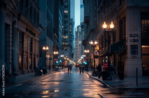 AI generated illustration of pedestrians walking on an empty city street at dusk © Wirestock