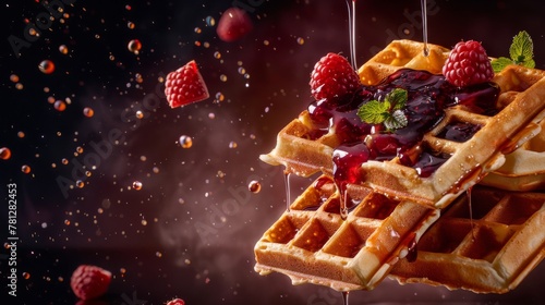 Belgian waffles with berries and jam, flying ingredients. Tasty breakfast concept. © Artlana