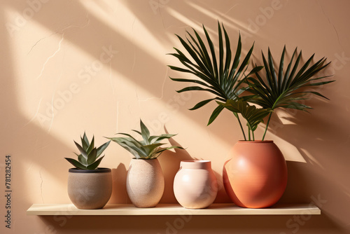 A collection of indoor houseplants in decorative pots arranged against a clean wall in a cozy and stylish home interior, adding a touch of nature to the living space.
