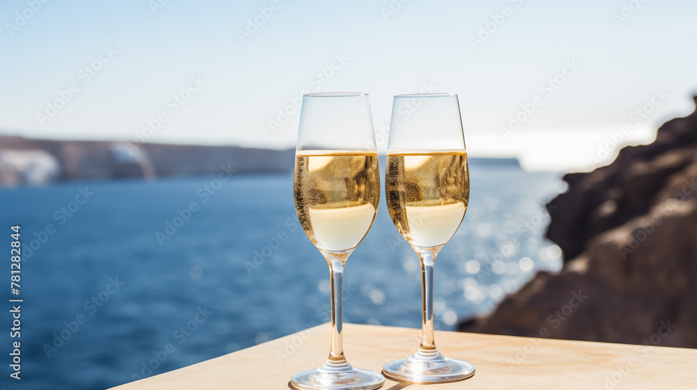Glasses with sparkling wine on the seascape background.