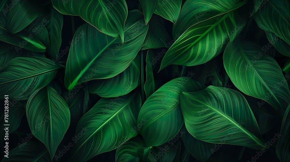 © Damerfie - An artistic close-up of a dense pattern of vibrant green tropical leaves, emphasizing texture and color