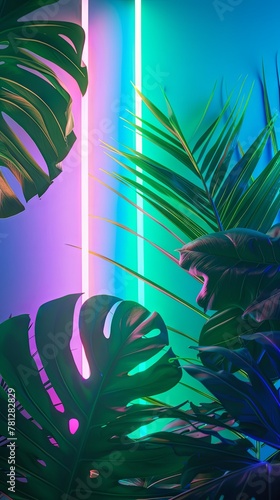 A vibrant display of neon lights in shades of green and blue intertwined with lush tropical foliage