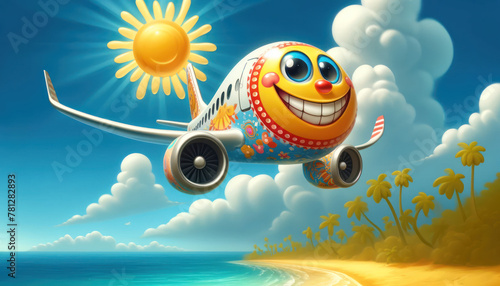 Laughing airplane on its way south. Ideal for fun adverts and travel agencies