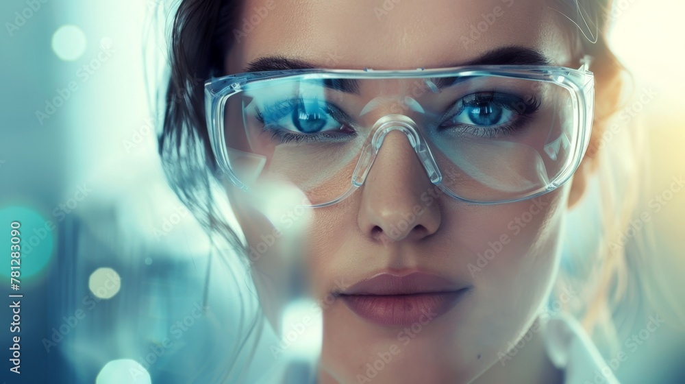 Woman in safety glasses and lab coat Woman in safety glasses and lab coat