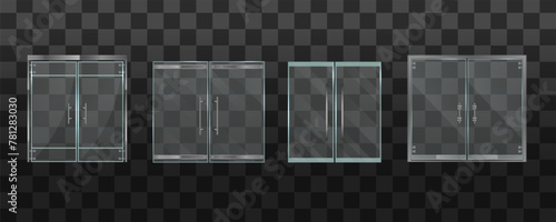 Glass door office or shopping center isolated on transparent background. Double glass doors to the mall or office. For shop, store, shopping center, boutique, office building. Vector illustration.
