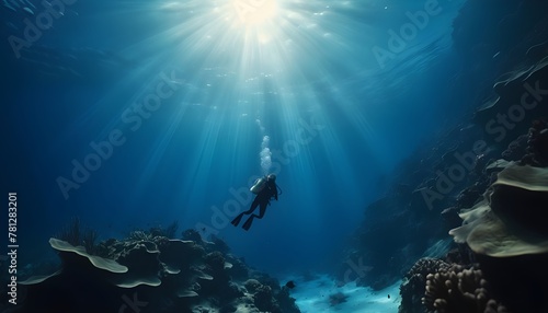 Underwater ocean - blue abyss with sunlight - diving and snorkeling. The concept of exploring the underwater world. 