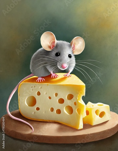 A funny mouse perched on top of a piece of cheese