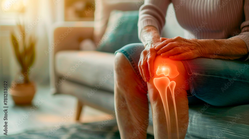 custom made wallpaper toronto digitalWarm indoor setting with a person holding a glowing knee, symbolizing knee pain or osteoarthritis, suggesting health concepts and senior care. Banner. Copy space