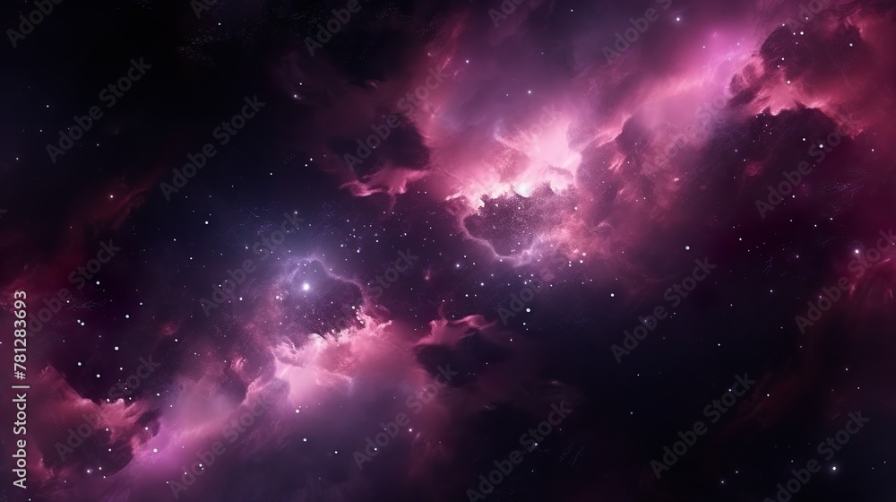 This image features a majestic scene with vibrant clusters of stars set against a purple-hued galaxy