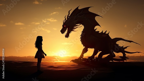 A fierce dragon snarls at a fearless girl against the backdrop of a vivid sunset, evoking a sense of courage