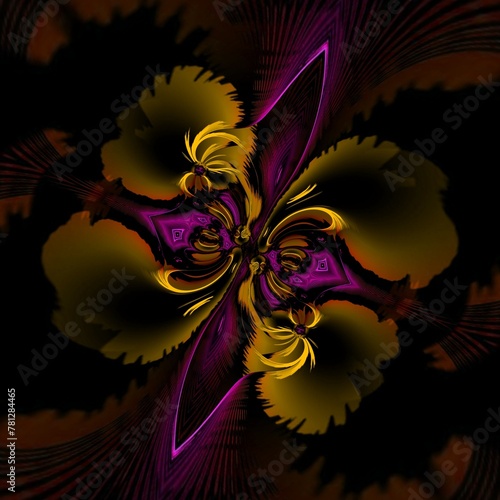 On a plain black background yellow gold and purple cyclone style lcute doodle cartoon design with symmetry photo