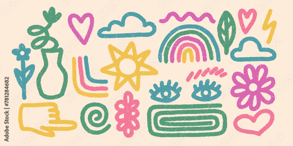 Set of doodle elements. Hand drawn rainbow, eyes, clouds, sun, flower, pointing hand. Minimalist abstract shapes. Collection of simple vector illustration. Modern design elements. 