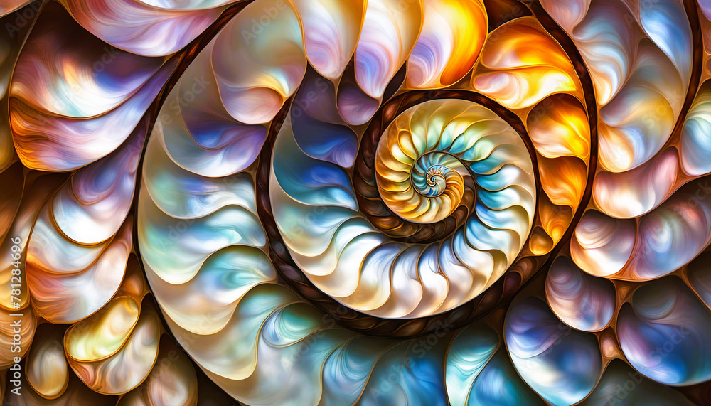 maritim abstrakte Vorlage Hintergrund, geschwungen dynamisch natürlich in bunt Perlmutt glänzend, Spirale wie fossile Ammonite Nautilus Muschel Schnecke, bewegt kurvig wellig schneckenförmig Meer - obrazy, fototapety, plakaty 