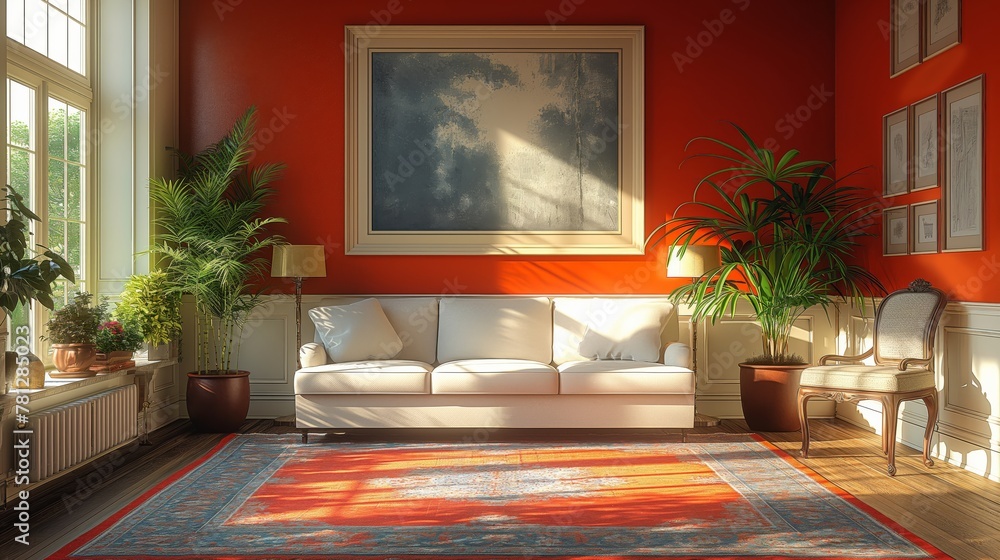 Fototapeta premium Modern creative living room interior design backdrop ideas concept house beautiful background elevation of sofa with decorative photo paint frame full wall background. Design concept.