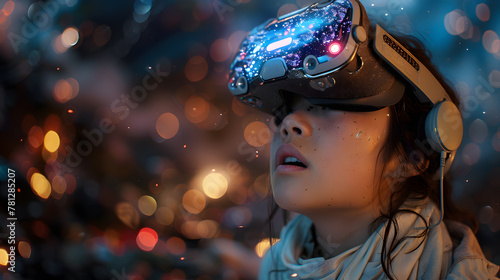 Futuristic World  Cyberpunk Gamer Girl in Virtual Reality Gaming with Augmented Reality Gadget.  Future of Game player.