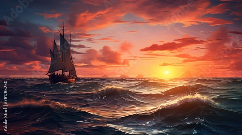 An epic depiction of a historical sailing ship battling the waves during a dramatic sunset on the ocean