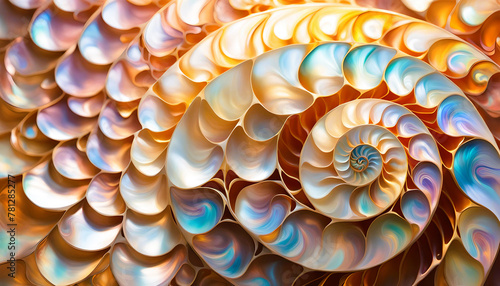 maritim abstrakte Vorlage Hintergrund, geschwungen dynamisch natürlich in bunt Perlmutt glänzend, Spirale wie fossile Ammonite Nautilus Muschel Schnecke, bewegt kurvig wellig schneckenförmig Meer