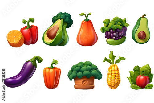 Vegetables and fruits 3d vector cartoon icon set. Pepper  corn  avocado  eggplant  broccoli  carrots  lettuce  tomato