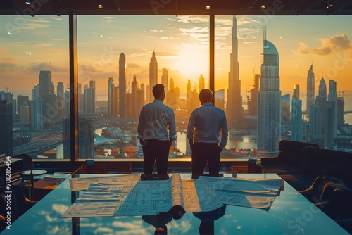 Rear view of two chineese businessmen standing in a modern office overlooking a city skyline at sunset, Construction plans and blueprints are on the big glass surface of the desk photo