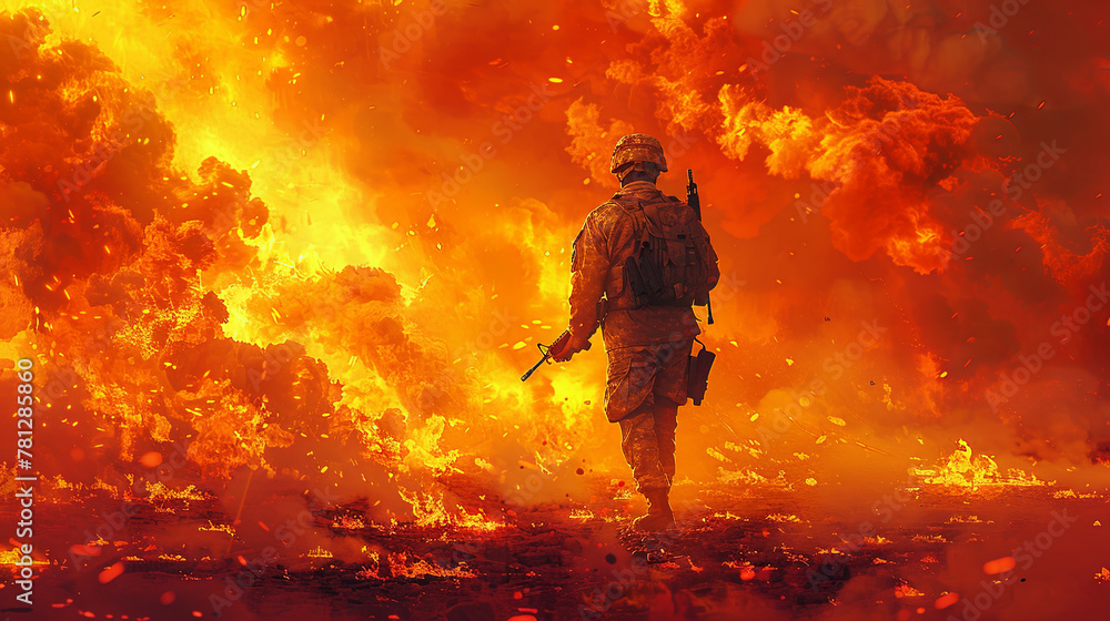 Soldier on flame background, military action concept Soldier on flame background, military action concept