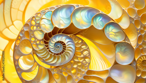 maritim abstrakte Vorlage Hintergrund, geschwungen dynamisch natürlich in gelb Perlmutt glänzend, Spirale wie fossile Ammonite Nautilus Muschel Schnecke, bewegt kurvig wellig schneckenförmig Meer
