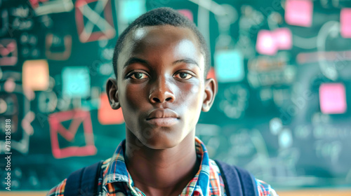 A thoughtful young student stands in front of a blackboard filled with complex mathematics, exuding a sense of focus and intelligence. Banner. Copy space