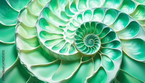 maritim abstrakte Vorlage Hintergrund, geschwungen dynamisch natürlich in grün Perlmutt glänzend, Spirale wie fossile Ammonite Nautilus Muschel Schnecke, bewegt kurvig wellig schneckenförmig Meer