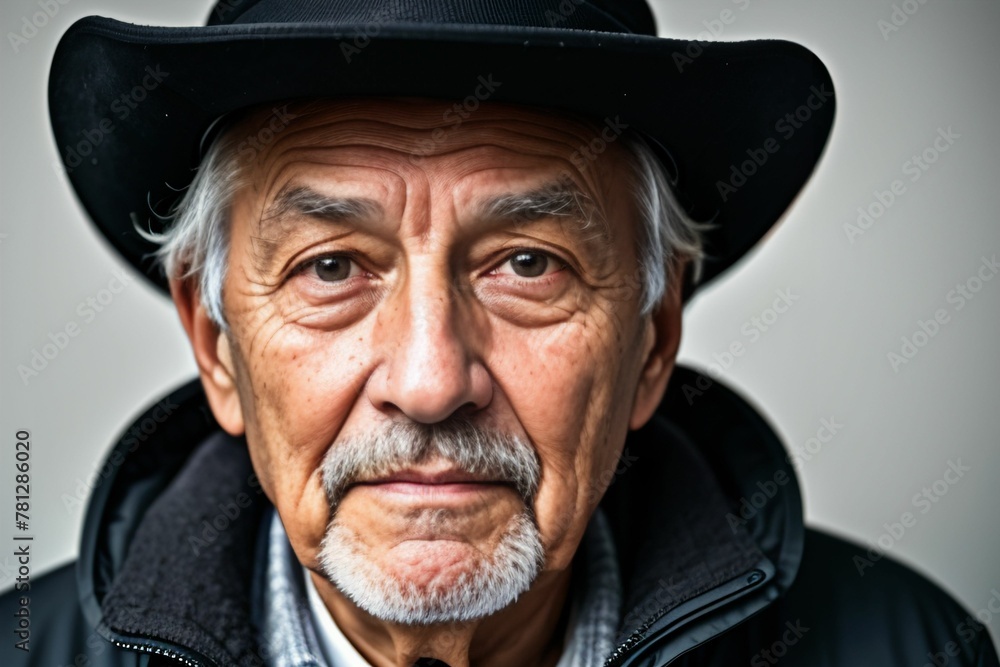 Portrait of a charismatic elderly man wearing a hat on a gray background Portrait of a charismatic elderly man wearing a hat on a gray background