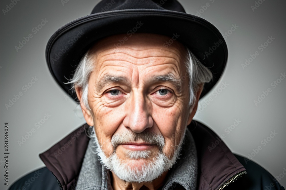 Portrait of a charismatic elderly man wearing a hat on a gray background Portrait of a charismatic elderly man wearing a hat on a gray background