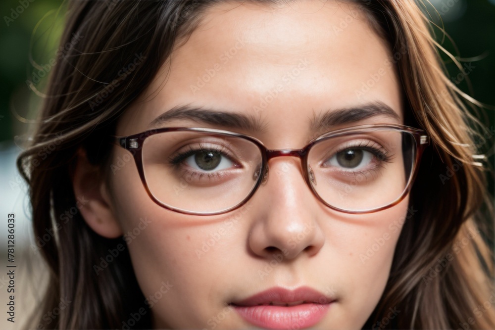 Close-up portrait of woman wearing glasses, vision impairment concept Close-up portrait of woman wearing glasses, vision impairment concept
