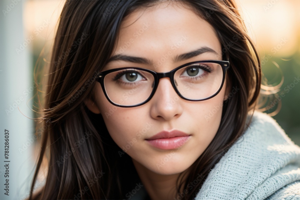 Close-up portrait of woman wearing glasses, vision impairment concept Close-up portrait of woman wearing glasses, vision impairment concept