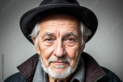 Portrait of a charismatic elderly man wearing a hat on a gray background