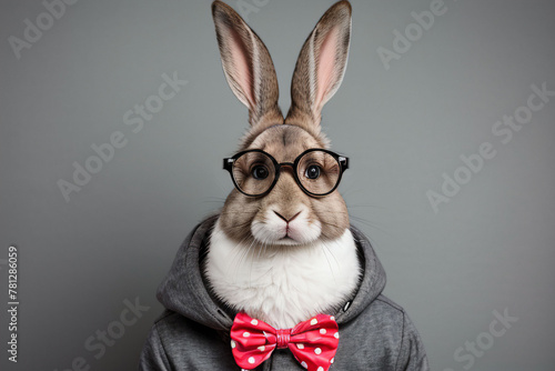 Anthropomorphic rabbit wearing glasses and a business suit on a gray background © Alsu