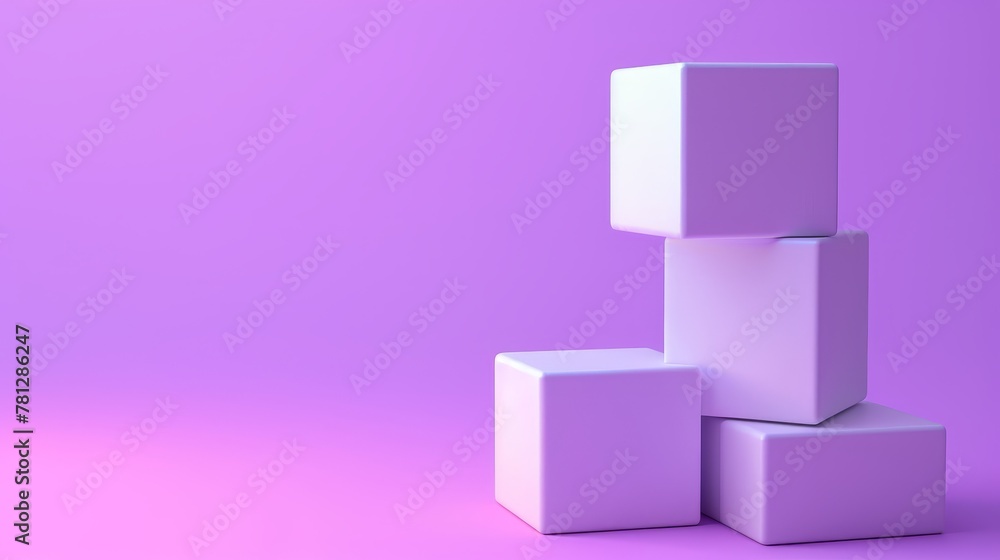 A purple background is accompanied by a white 3d cube box. Three-dimensional rendering. A purple background is accompanied by a white 3d cube box. Three-dimensional rendering.