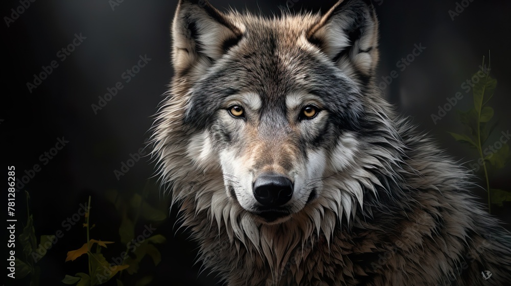 Dramatic portrait of a wolf bringing out depth and texture against a dark, muted background Dramatic portrait of a wolf bringing out depth and texture against a dark, muted background