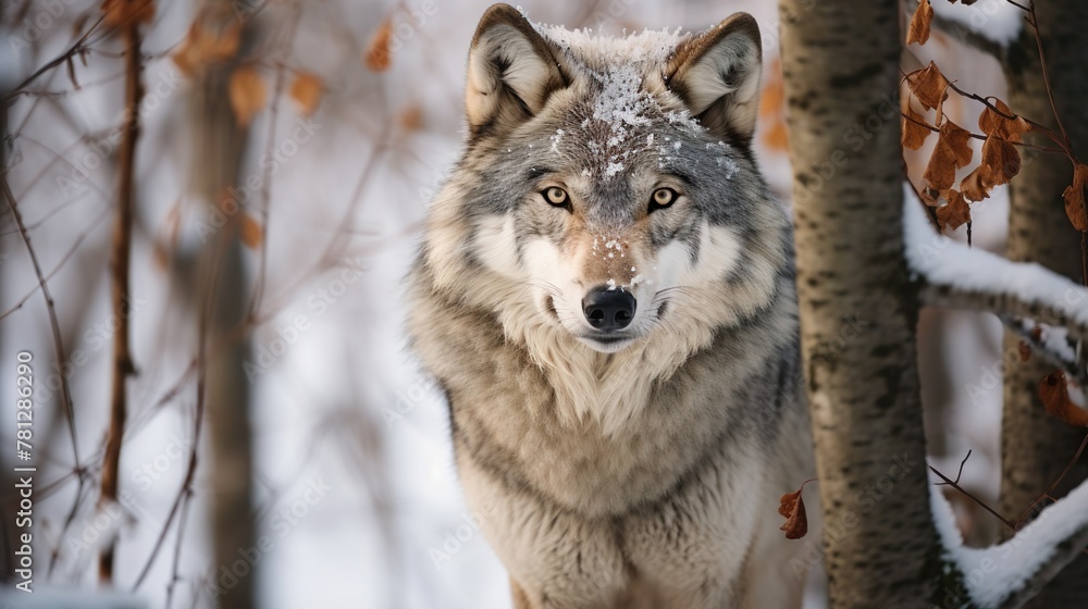 Fototapeta premium Captivating close-up of a wolf with intense eyes among scattered autumn leaves