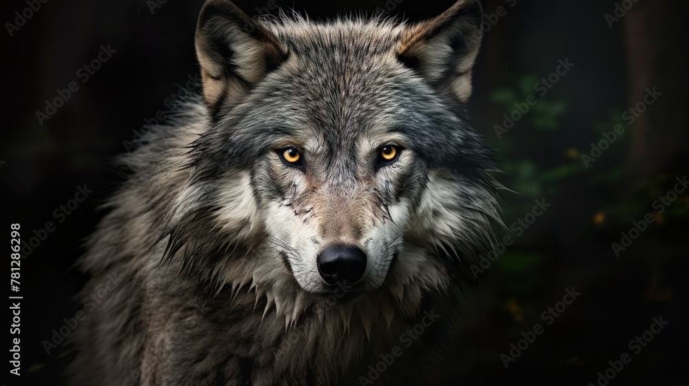 A striking detailed image capturing the intense gaze and intricate fur pattern of a grey wolf against a dark background