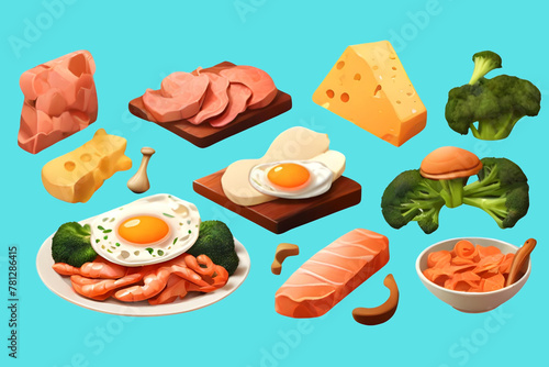 Food simple objects. Shrimp, meat steak, salmon slice, fried egg, cheese, bread, mushroom, broccoli vegetable. 3d vector cartoon icon set