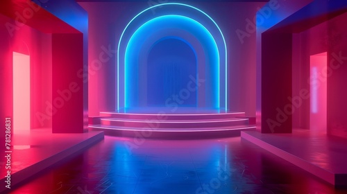 Abstract 3D render of a futuristic geometric shape on an empty stage with glowing neon colors.