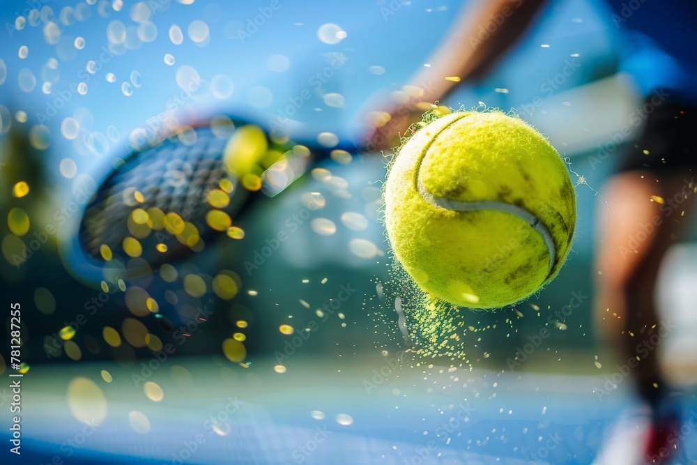 A person skillfully hits a tennis ball with a racquet, sending it flying through the air with focus and accuracy.