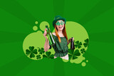 Composite trend artwork sketch image 3D photo collage of young happy lady celebrate saint patricks day drink beer hold bottle in hand