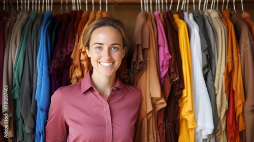Smiling Woman with Colorful Wardrobe Selection Emphasizing Sustainable Fashion