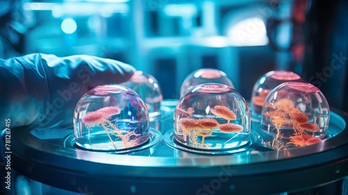 A focused view on a scientist in a blurred environment examining genetically modified organisms for biotechnical advancement photo