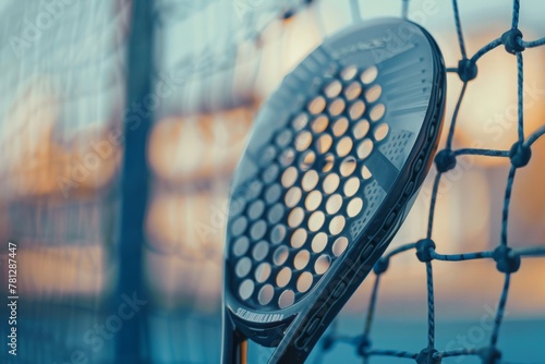 Close up view of a Padel racket being held in a net, showcasing its design and texture, hinting at a powerful serve about to happen.